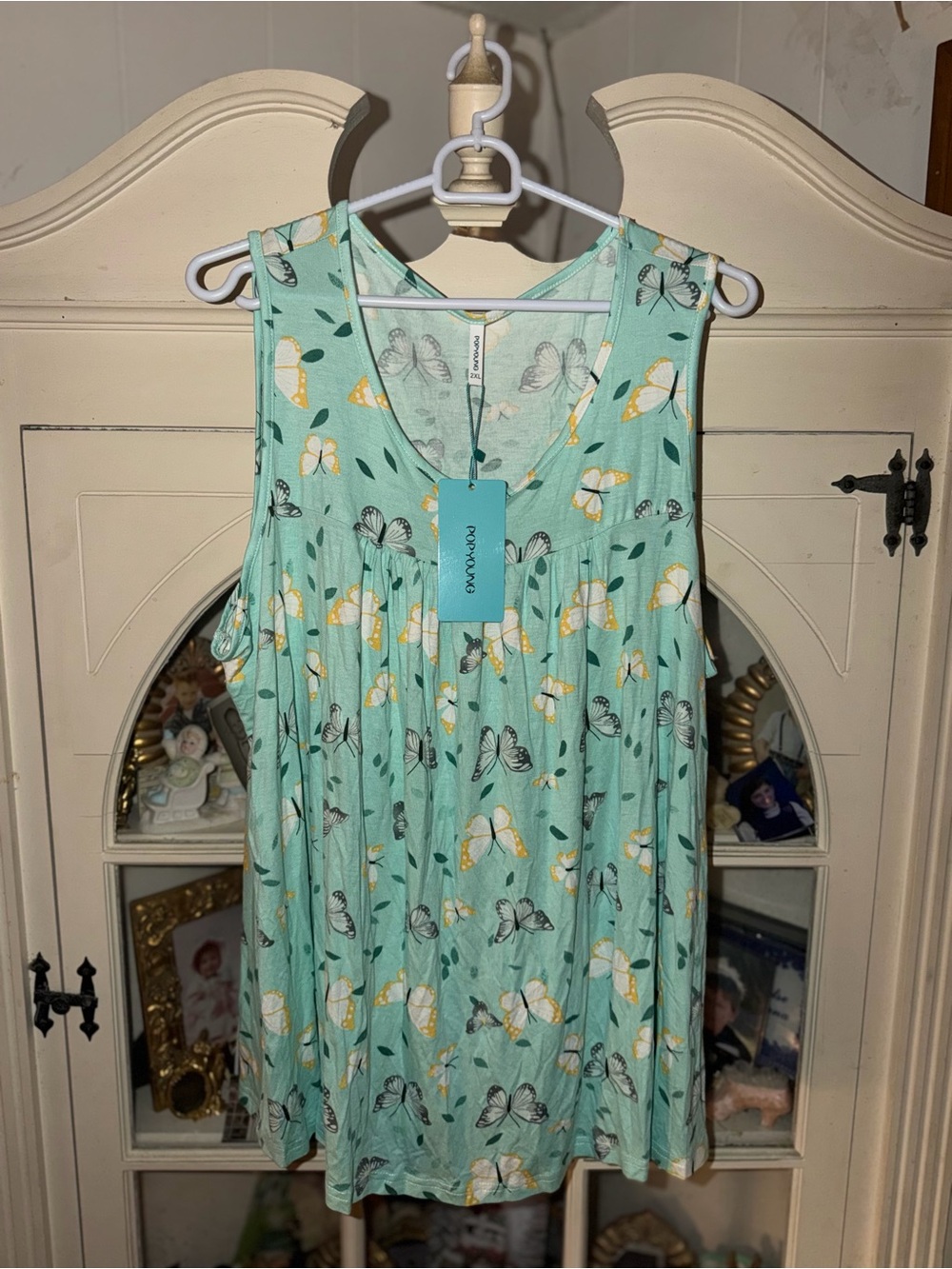 Loveapella Mint Green Butterfly Print Sleeveless Blouse 2X